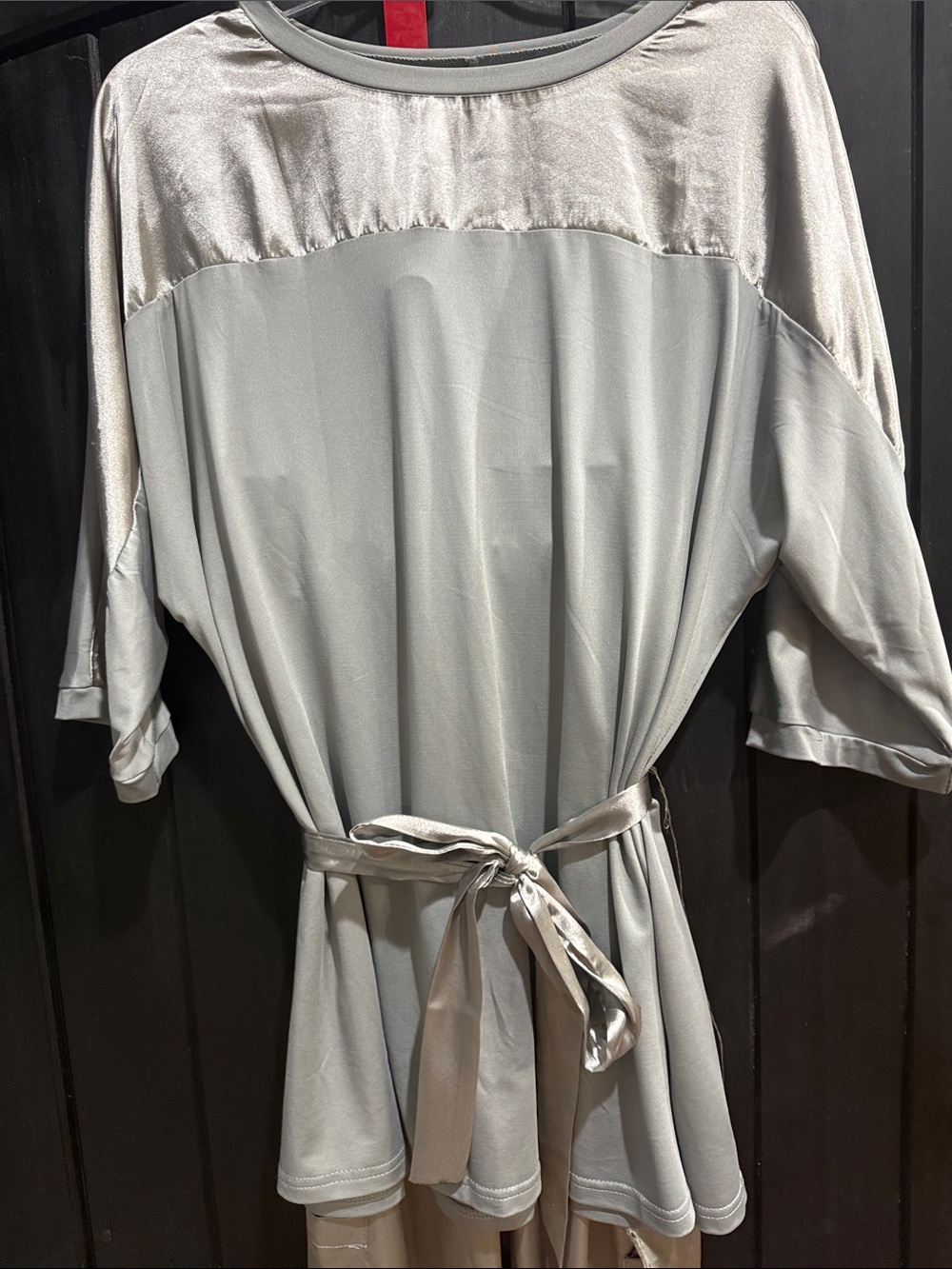 Women's Silver-Gray Satin-Trim Lounge Robe with Waist Tie